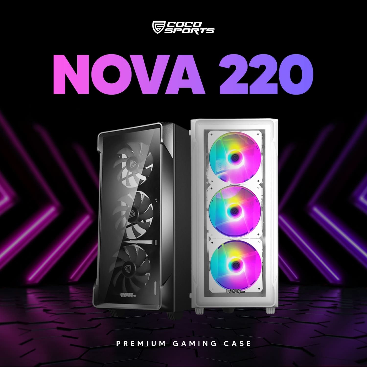 Front and side view of NOVA 220 ATX case with 4 RGB fans and glass panel