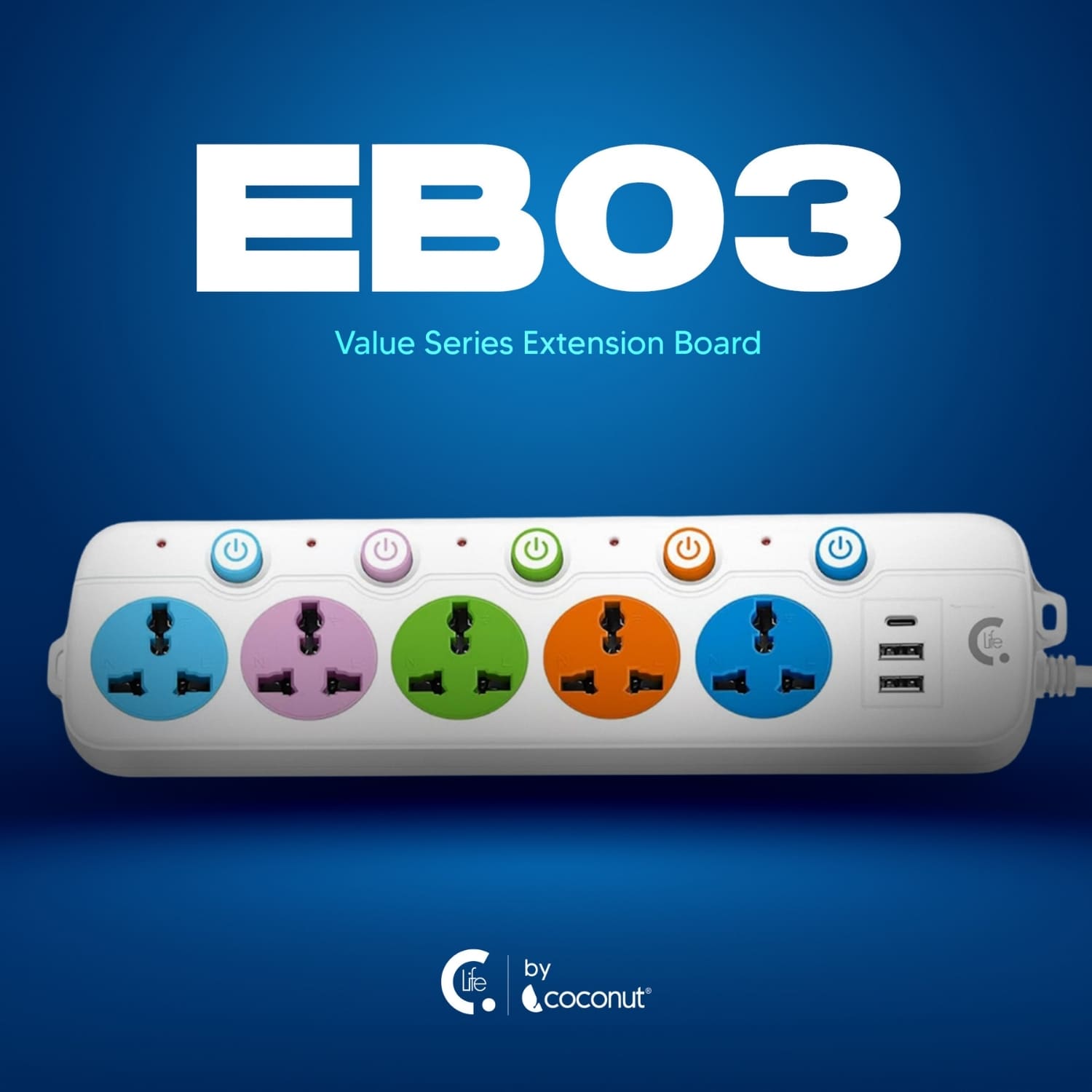 EB03, 5 Sockets, USB & Type-C, 3m Cable, LED & Switch Control