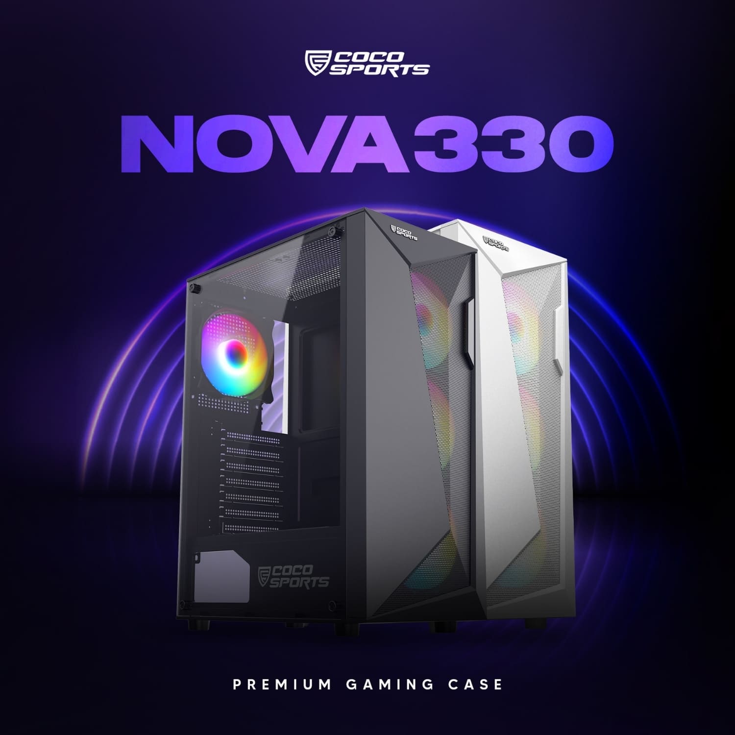 Front view of NOVA 330 - ATX with 4 RGB fans and tempered glass side