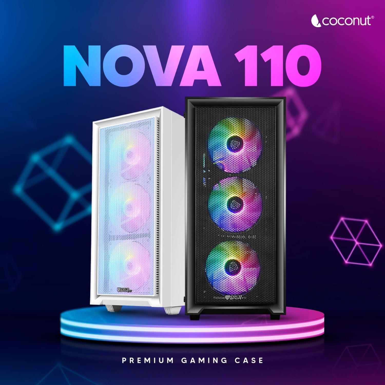 Front view of NOVA 110 ATX case with pre-loaded 4 RGB fans glowing