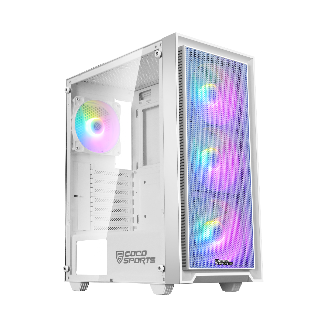 Front view of NOVA 110 ATX case with pre-loaded 4 RGB fans glowing