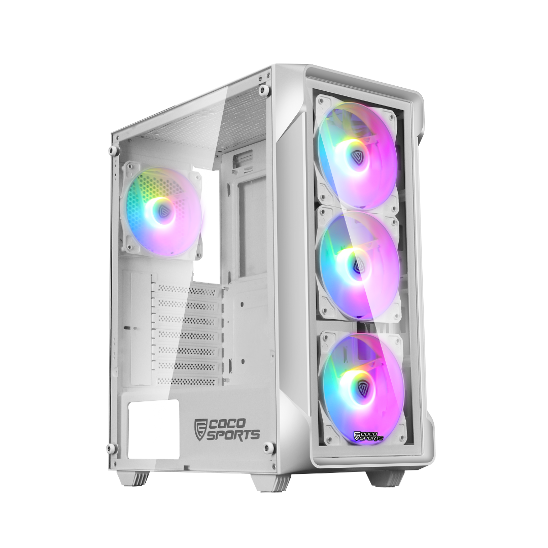 Front and side view of NOVA 220 ATX case with 4 RGB fans and glass panel