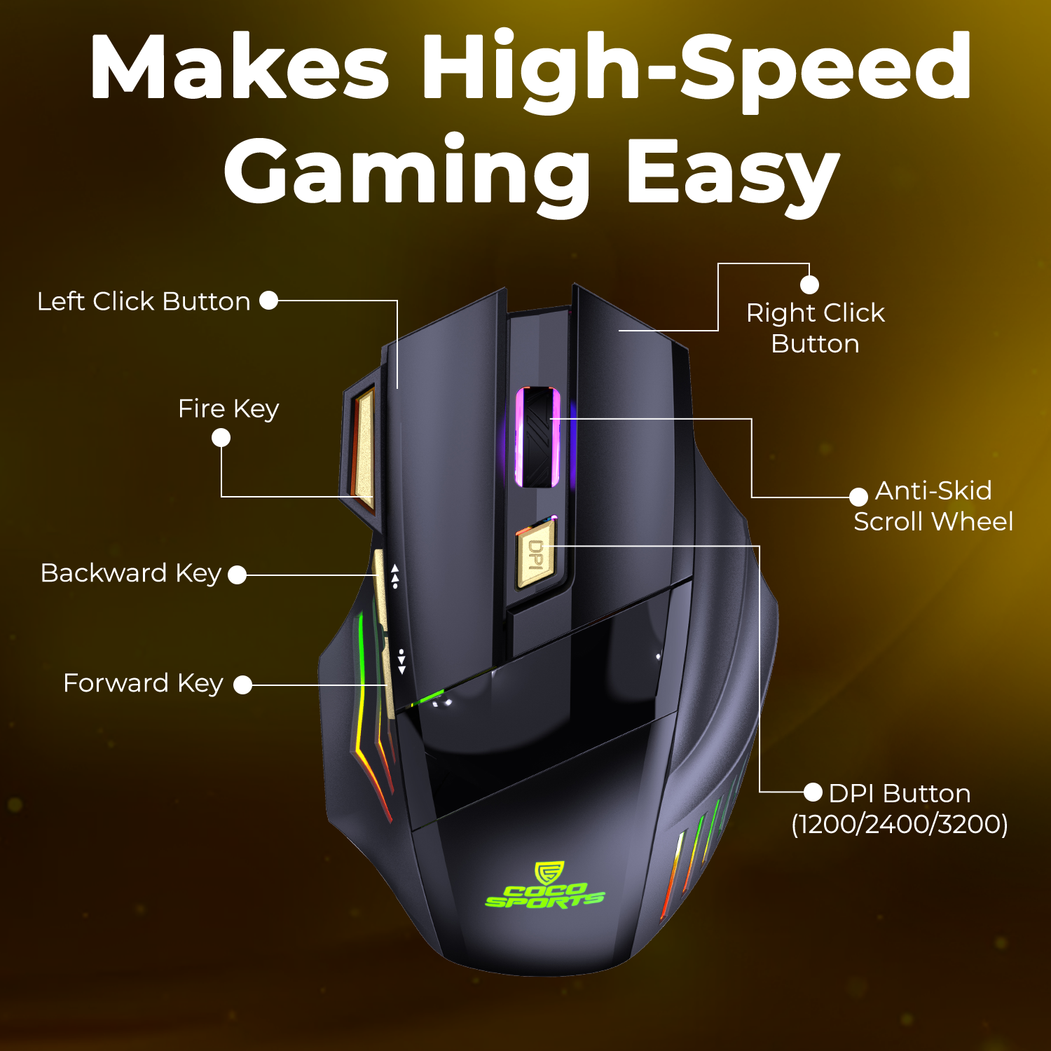 WM22 Gold Wireless Gaming Mouse, Rechargeable, Ergonomic